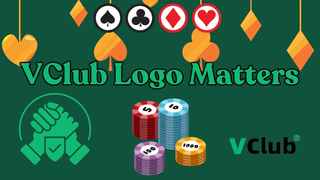 the image presenting the v club logo. image has green background with casino chips and vclub logo on it